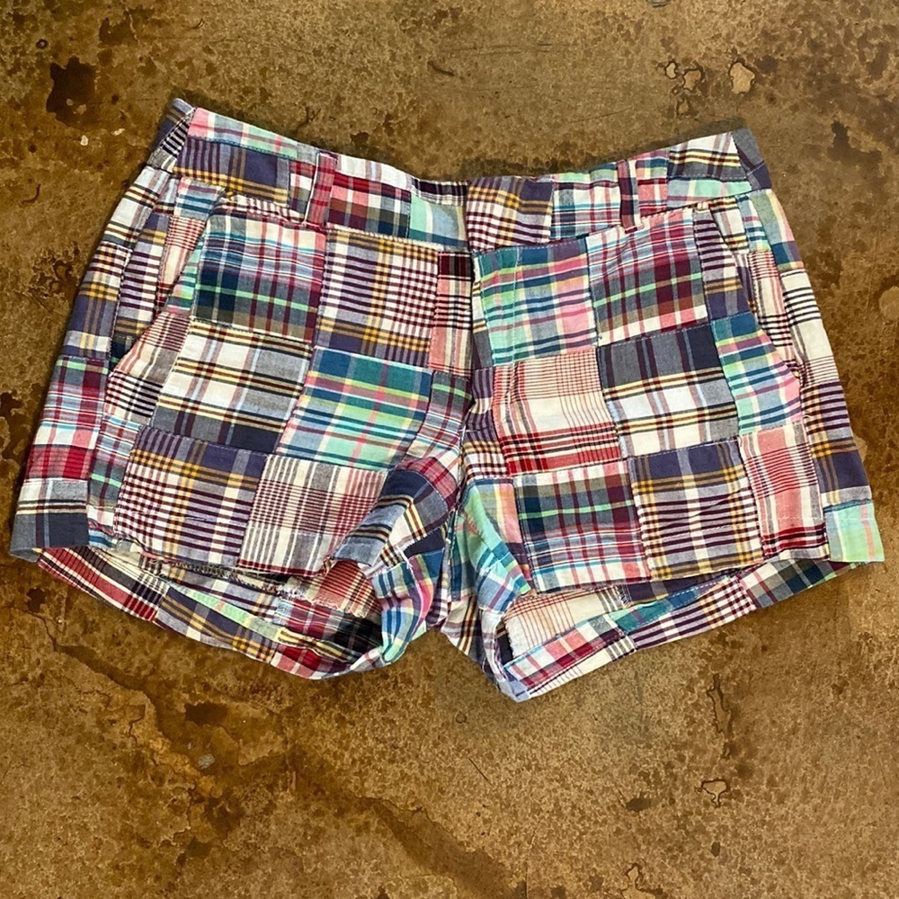 TELLURIDE Clothing‎  Co. plaid patchwork flat front cotton shorty shorts